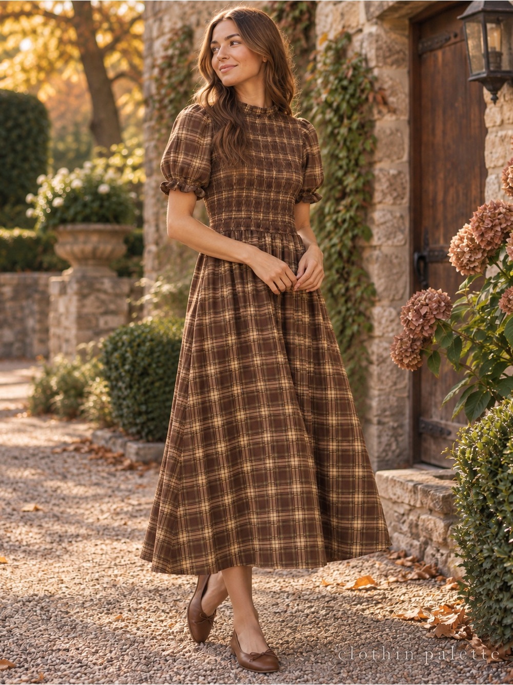 August Sky PinkBlush Brown Plaid Smocked Puff Sleeve Maternity Midi Dress Size S